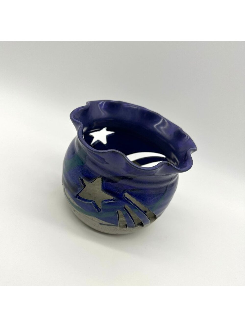 Art Pottery Candle Holder Shooting Star Votive Signed Stoneware Blue Cut Out